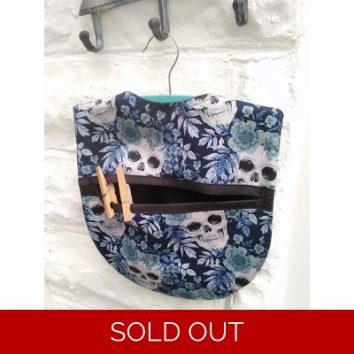 Blue peg bag skulls print cotton lined laundry bag, wood hanger included, handmade in Yorkshire